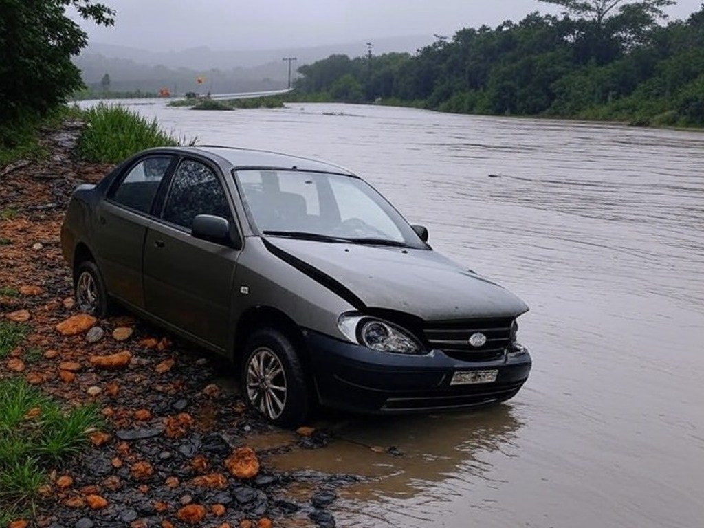 Acidente na BR-050 com veículo caído no ribeirão Paineiras, em cenário brasileiro de Minas Gerais.