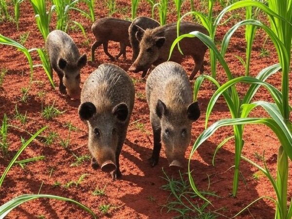 Javalis selvagens invadindo lavoura de milho no interior do Brasil, alertando para insuficiência de caçadores.