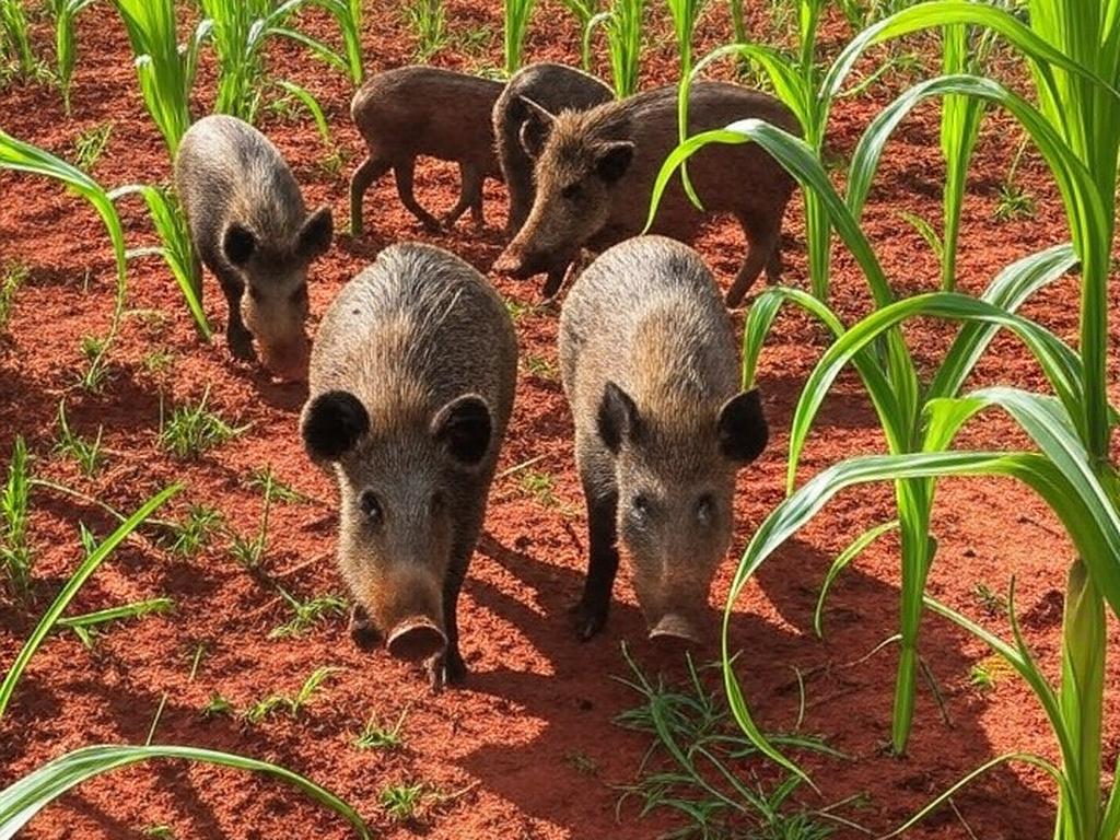 Javalis selvagens invadindo lavoura de milho no interior do Brasil, alertando para insuficiência de caçadores.