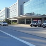 Fachada de hospital moderno em São Paulo, com ambulâncias, representando complicações médicas.