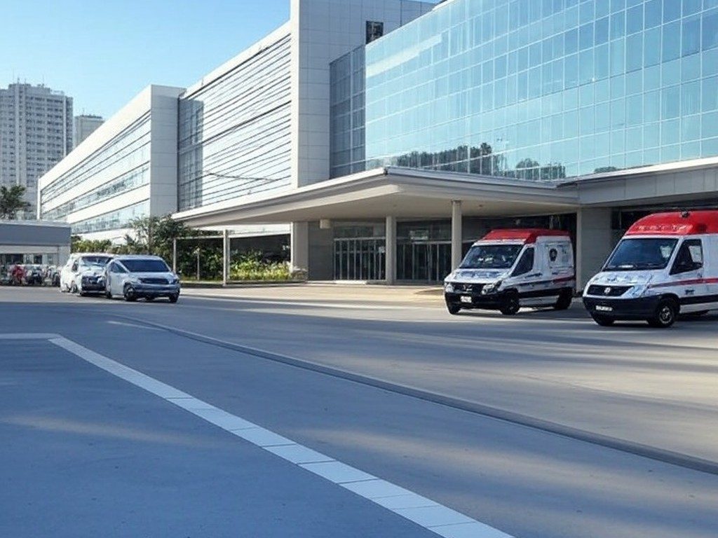 Fachada de hospital moderno em São Paulo, com ambulâncias, representando complicações médicas.