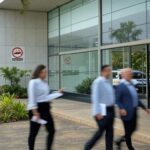 Entrada de hospital brasileiro com figuras borradas visitando durante cirurgia, sinal de proibição de celulares e viatura policial ao fundo.