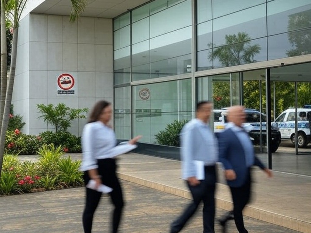 Entrada de hospital brasileiro com figuras borradas visitando durante cirurgia, sinal de proibição de celulares e viatura policial ao fundo.