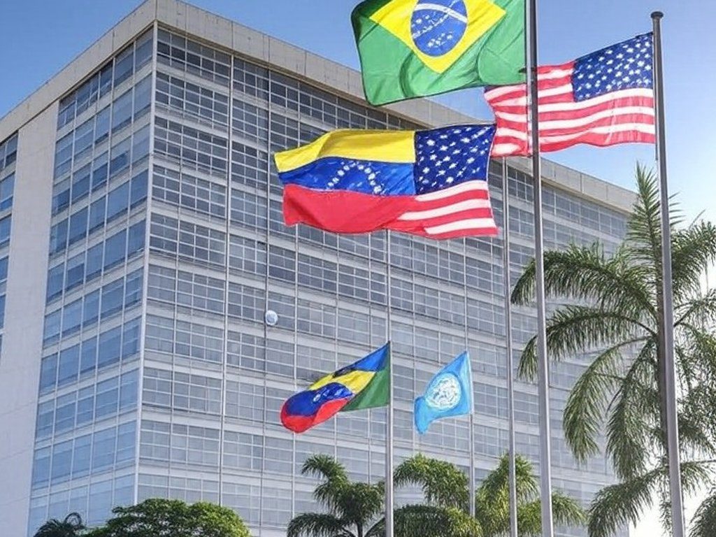 Edifício do Itamaraty em Brasília com bandeiras do Brasil, Venezuela, EUA e ONU, representando condenação ao bloqueio naval contra Venezuela.