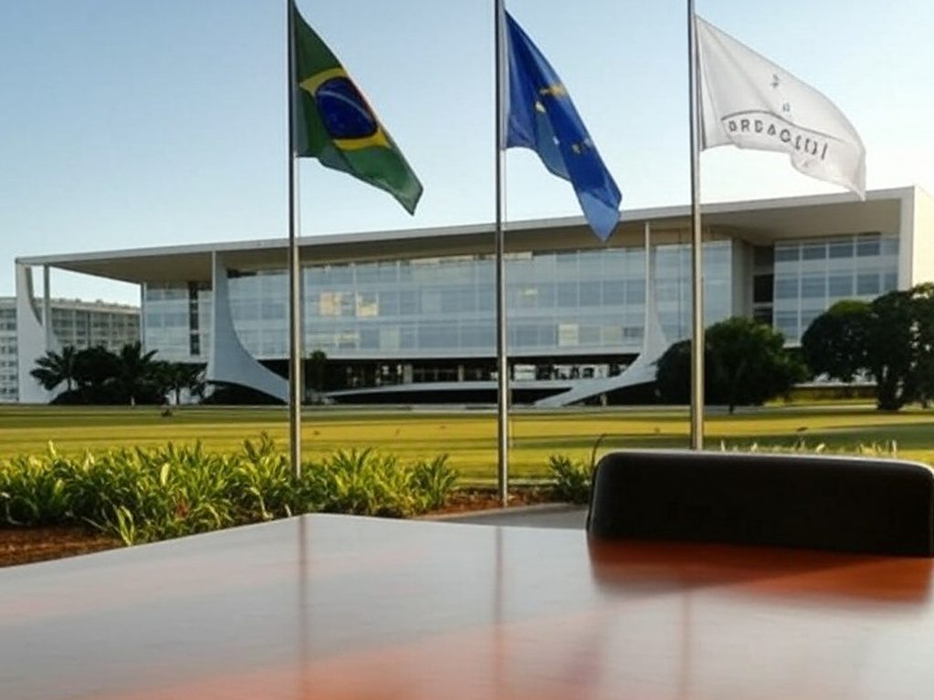 Bandeiras do Brasil, UE e Mercosul no Palácio do Planalto, simbolizando compromisso com acordo comercial em carta a Lula.