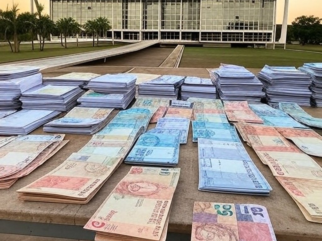 Congresso Nacional em Brasília com documentos simbólicos de emendas orçamentárias de R$ 61 bi e cortes sociais para 2026.
