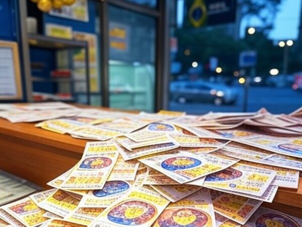 Bilhetes da Mega da Virada com prêmio recorde de R$ 1 bilhão em casa lotérica brasileira.