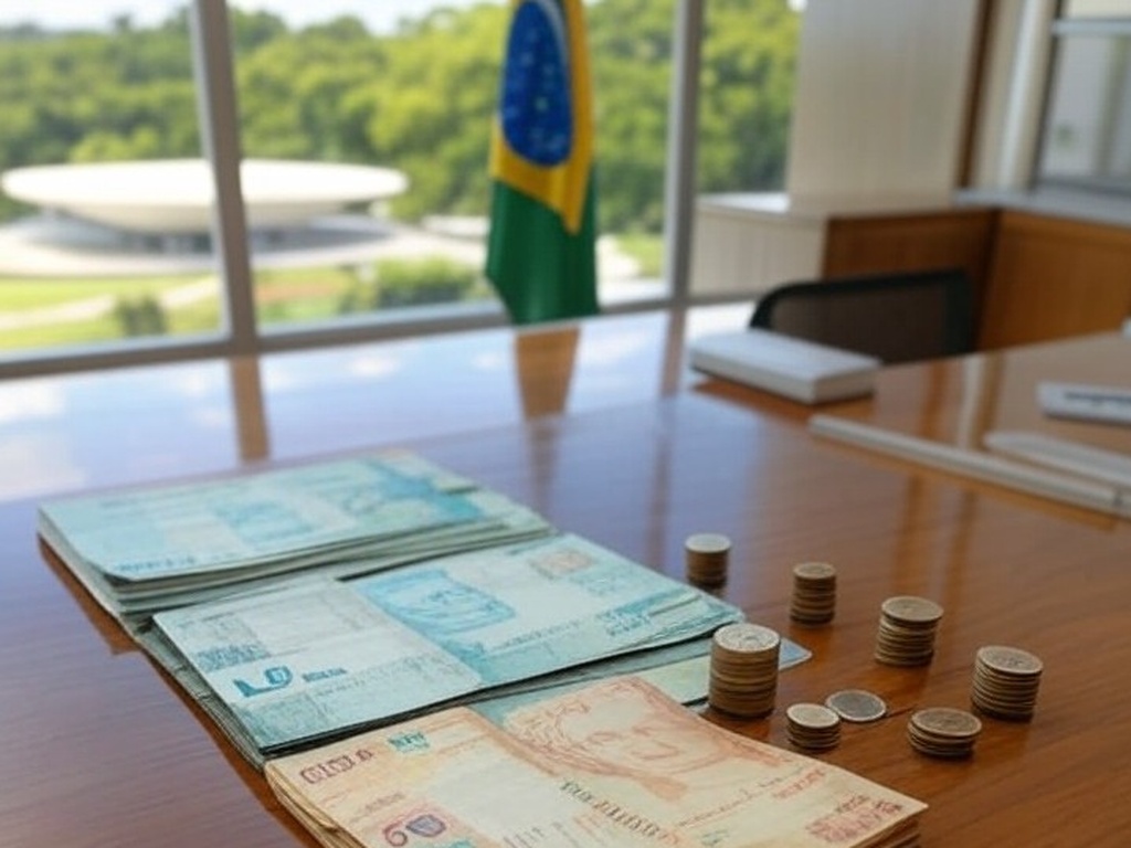 Documento oficial do Governo Lula com notas de real simbolizando salário mínimo de R$ 1.621 a partir de 2026, em escritório em Brasília.