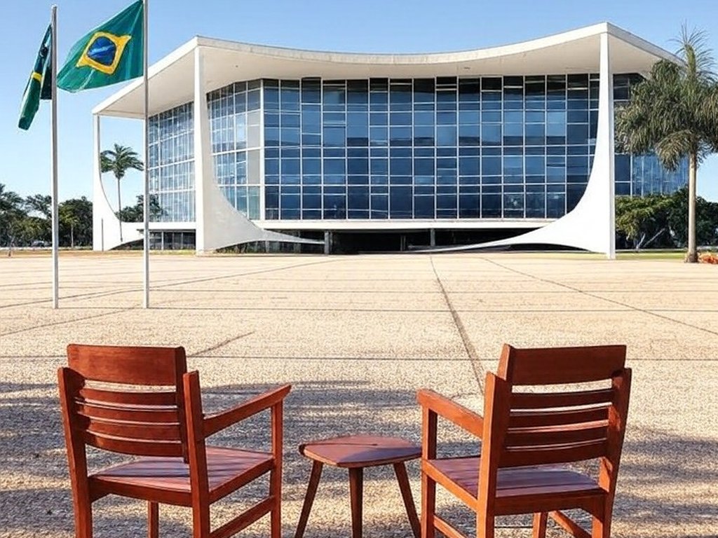 Edifício do STF em Brasília com bandeiras do Brasil, simbolizando acareação entre ex-presidente do BRB e dono do Banco Master.