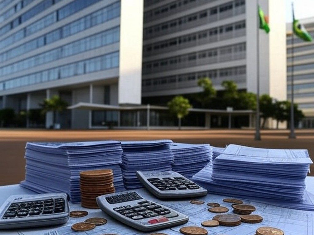 Edifício do Ministério da Economia em Brasília com elementos simbólicos de déficits financeiros em estatais federais.
