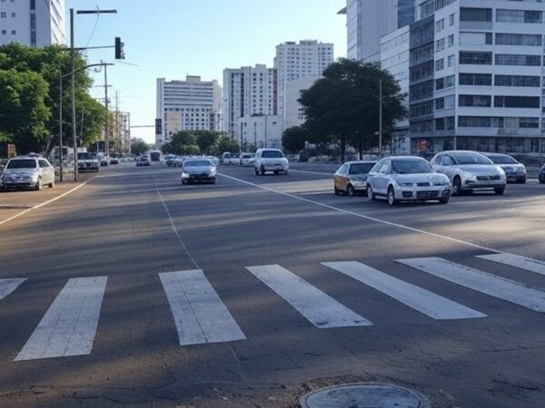 Interseção em Goiânia com sinalização de Direita Livre otimizando o tráfego urbano, veículos em movimento.