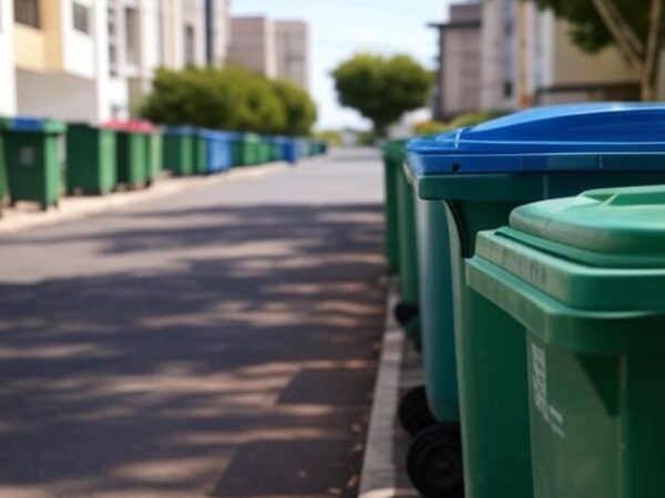 Rua em Goiânia com contêineres de lixo, ilustrando revogação da taxa do lixo na cidade.