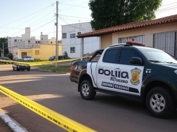 Cena de crime isolada por fita policial em rua residencial de Goiânia, com viatura da PM ao lado.
