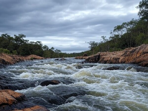 Rio das Almas em Jaraguá, Goiás, com margens rochosas e águas correntes, local de acidente fatal.