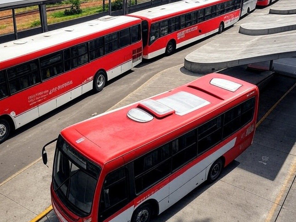 Terminal de ônibus Cruzeiro em Aparecida de Goiânia com ônibus estacionados, ilustrando meia tarifa de R$ 2,15 no transporte público.