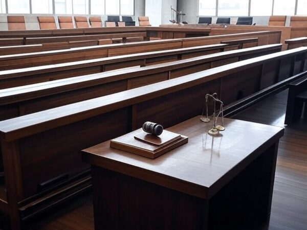 Salão de tribunal vazio no Brasil representando adiamento de audiência de extradição para a Itália.