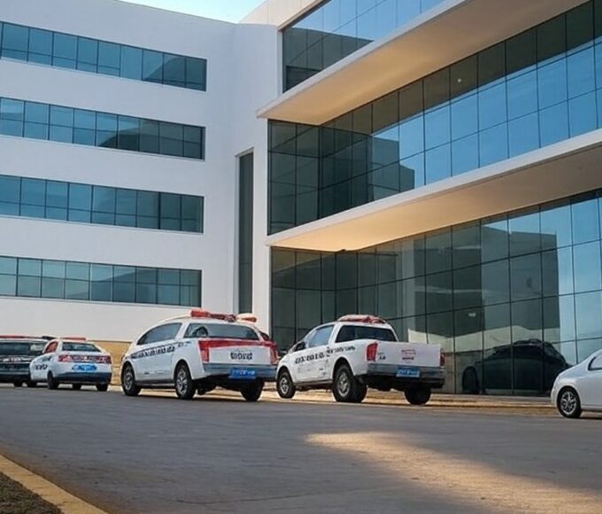 Fachada de hospital em Brasília com viaturas policiais, ilustrando suspeita de mortes em unidade de saúde no DF.
