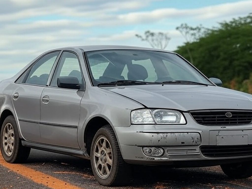 Acidente de carro na BR-153 em Goiás, veículo danificado na rodovia, paisagem rural do cerrado, sem pessoas.