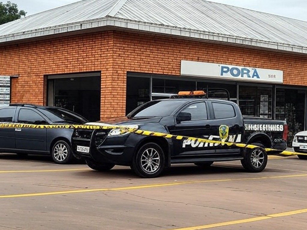 Fachada de supermercado em Iporá, Goiás, com fita de isolamento policial e viatura da PM, representando cena de crime sem pessoas.