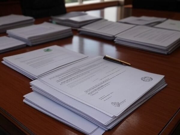 Mesa com documentos oficiais em gabinete governamental brasileiro, representando assinatura de MP para reajuste salarial de professores.