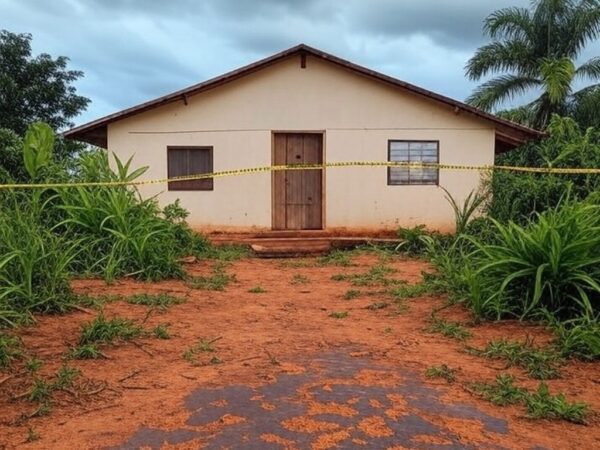 Casa isolada em Britânia, Goiás, com fita de cena de crime, representando local de assassinato confessado.