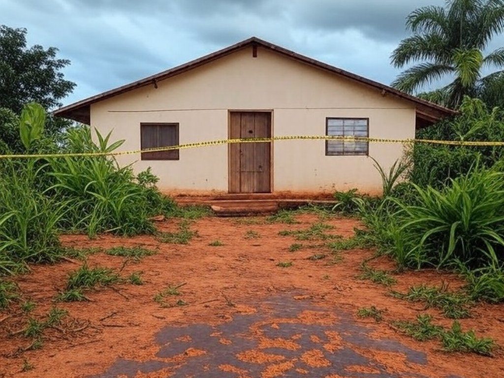 Casa isolada em Britânia, Goiás, com fita de cena de crime, representando local de assassinato confessado.
