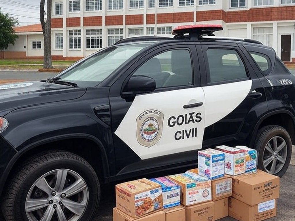 Viatura da polícia em frente a escola em Anápolis, com caixas de merenda escolar, representando suspeita de desvio.