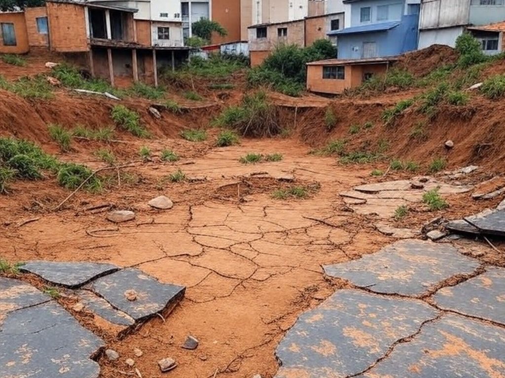 Residências desabadas por erosão do solo em área urbana de Goiânia, com destroços e terra rachada.