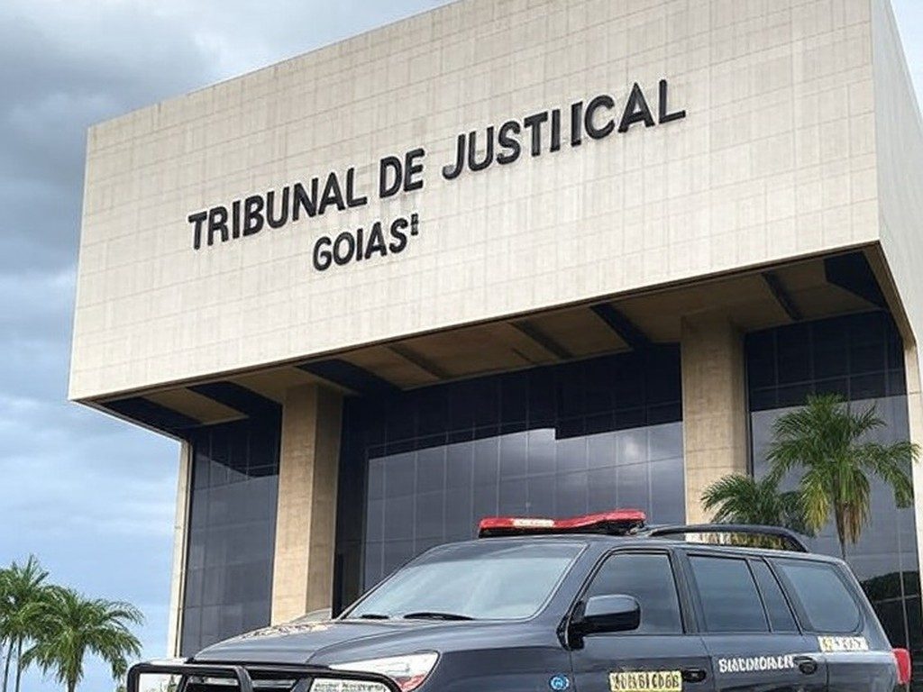 Viatura da PM de Goiás em frente ao Tribunal de Justiça, representando júri popular por mortes no caso Fábio Escobar.