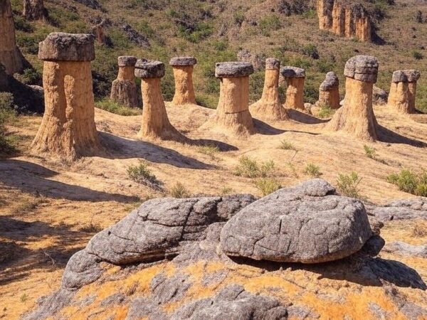 Formações rochosas de chaminés de fadas em Goiás, Brasil, abertas para visitação guiada a partir de abril.
