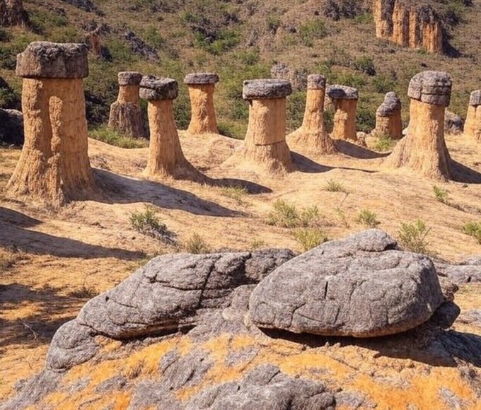 Formações rochosas de chaminés de fadas em Goiás, Brasil, abertas para visitação guiada a partir de abril.