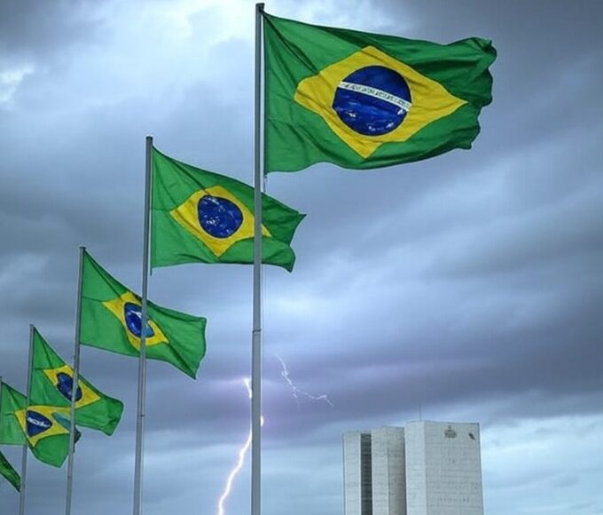 Foto de raio atingindo manifestação em Brasília, com bandeiras verde-amarelas e Congresso Nacional ao fundo.