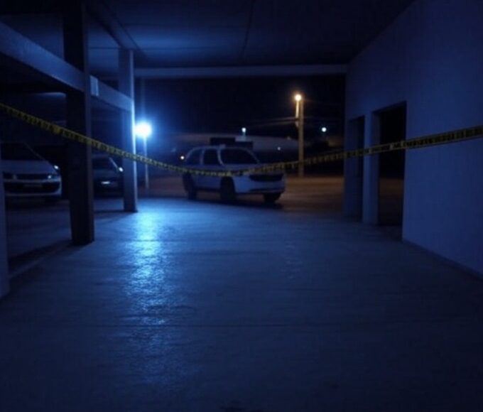 Espaço de festas vazio em Hidrolândia com fita de isolamento policial e viaturas após tiroteio.