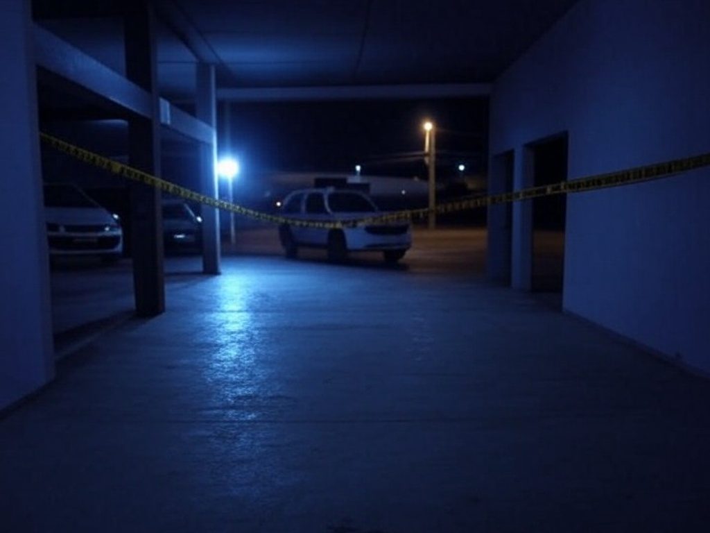 Espaço de festas vazio em Hidrolândia com fita de isolamento policial e viaturas após tiroteio.