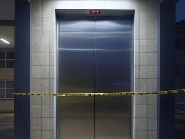 Elevador em prédio de Goiânia com fita de isolamento policial, representando suspeita de crime.