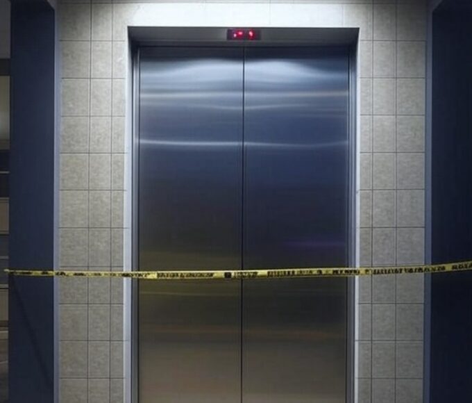 Elevador em prédio de Goiânia com fita de isolamento policial, representando suspeita de crime.