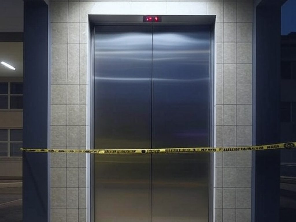 Elevador em prédio de Goiânia com fita de isolamento policial, representando suspeita de crime.