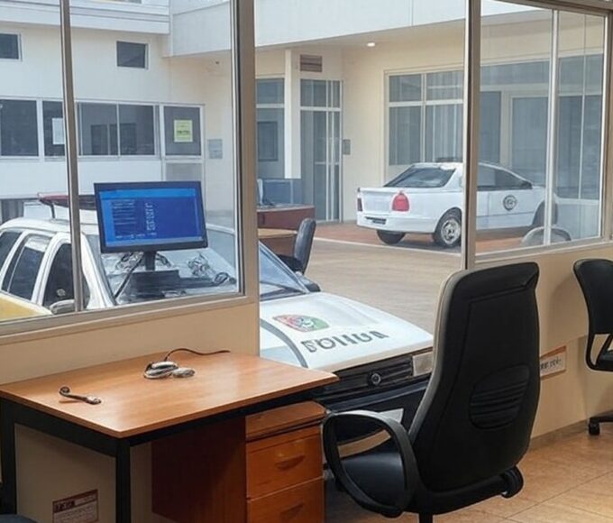 Delegacia em Anápolis com viatura policial e computador de IA, representando prisão por crime cibernético.