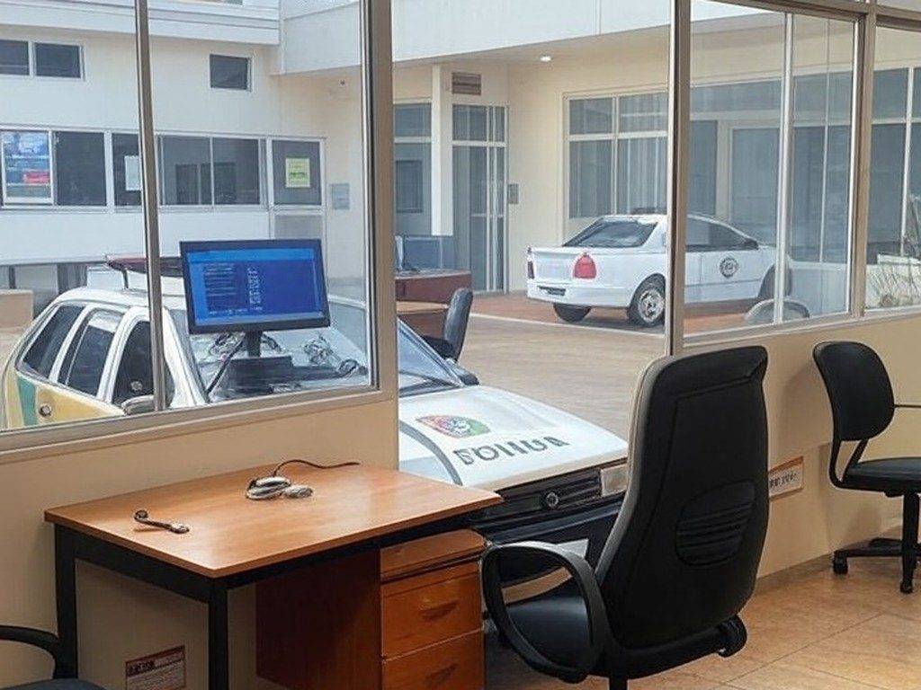 Delegacia em Anápolis com viatura policial e computador de IA, representando prisão por crime cibernético.