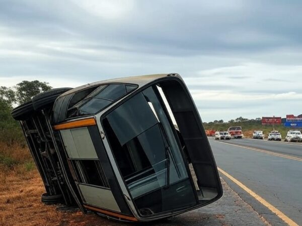 Ônibus tombado na BR-153 próximo a Interlândia, com veículos de emergência ao fundo, em paisagem rural brasileira.