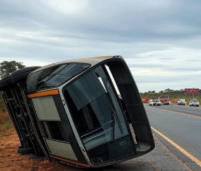 Ônibus tombado na BR-153 próximo a Interlândia, com veículos de emergência ao fundo, em paisagem rural brasileira.