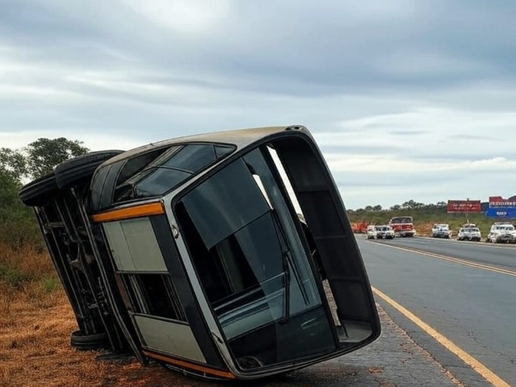 Ônibus tombado na BR-153 próximo a Interlândia, com veículos de emergência ao fundo, em paisagem rural brasileira.