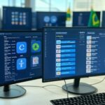 Sala de monitoramento de desinformação nas eleições brasileiras de 2026, com telas de redes sociais e elementos do TSE.