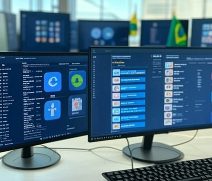 Sala de monitoramento de desinformação nas eleições brasileiras de 2026, com telas de redes sociais e elementos do TSE.