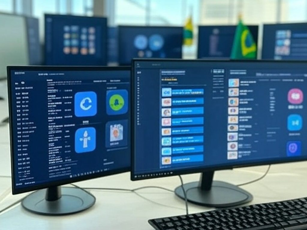 Sala de monitoramento de desinformação nas eleições brasileiras de 2026, com telas de redes sociais e elementos do TSE.