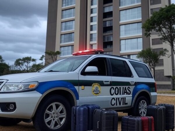 Viatura da polícia em frente a condomínio em Caldas Novas com malas abandonadas, representando prisão por investigação de morte.