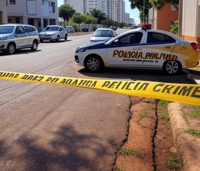 Rua em Águas Claras com fita de isolamento policial e viatura da PMDF, representando incidente de violência envolvendo piloto.