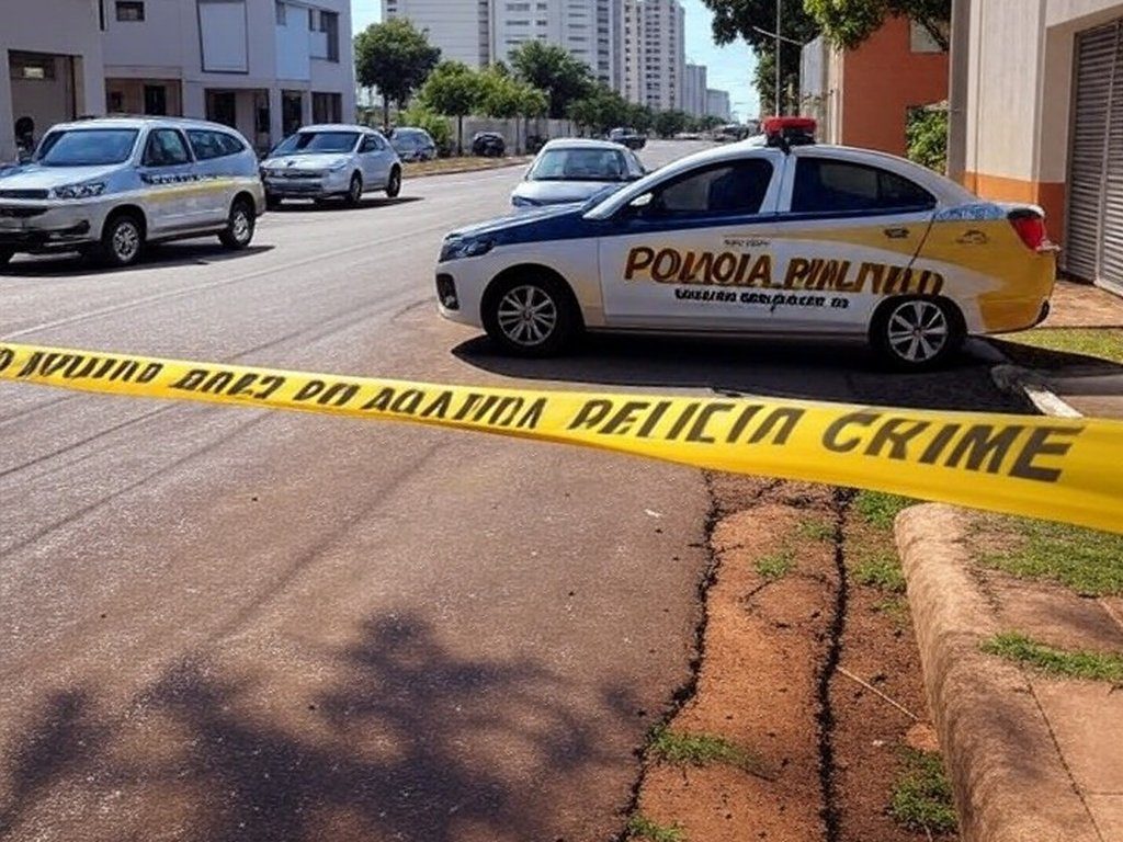 Rua em Águas Claras com fita de isolamento policial e viatura da PMDF, representando incidente de violência envolvendo piloto.