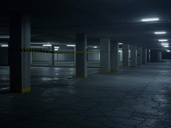 Subsolo de prédio residencial em Caldas Novas com fita de isolamento policial, cena de investigação de assassinato.