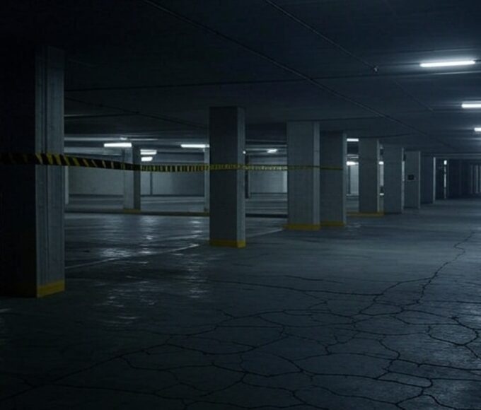 Subsolo de prédio residencial em Caldas Novas com fita de isolamento policial, cena de investigação de assassinato.